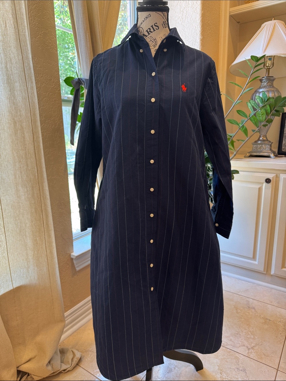Polo by Ralph Lauren Navy Pinstripe Longline Button-Down Dress Shirt